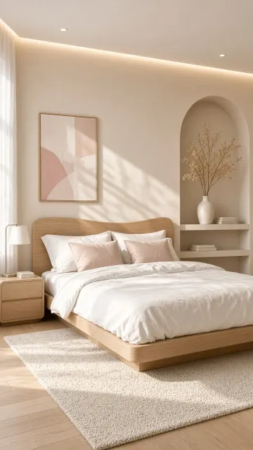 Minimalist Beige Bedroom With Arched Wall Niche