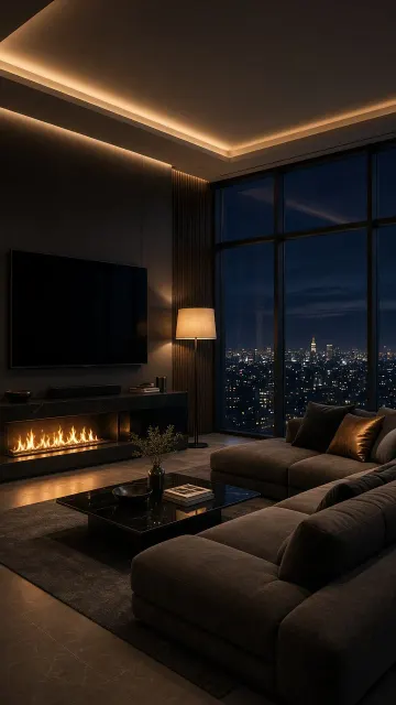 Ambient Lighting image example: Nighttime Luxury Apartment With Fireplace and Panoramic Windows