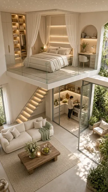 Urban Scenery image example: Overhead Cutaway View of Urban Pastoral Duplex Apartment