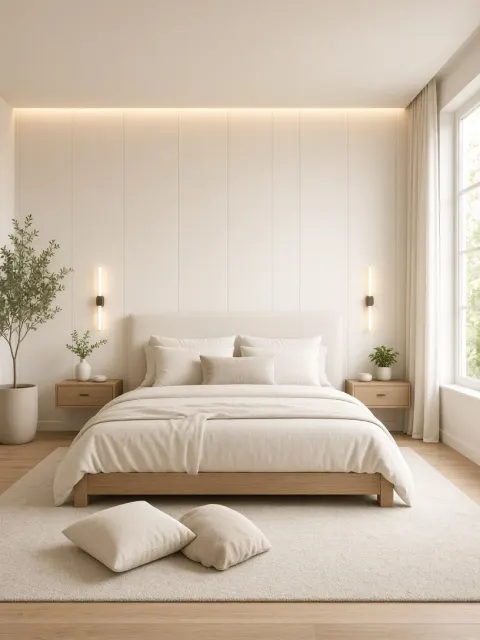 Modern Minimalist Off-White Bedroom Interior Rendering