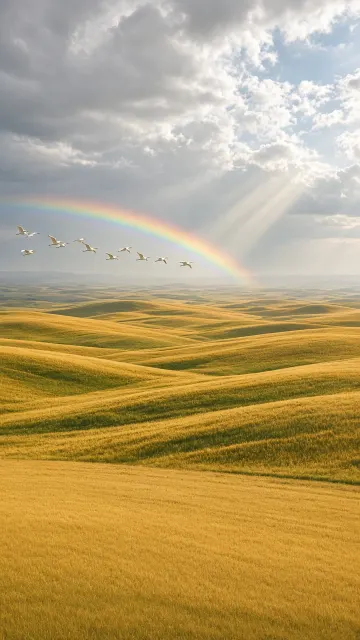 Top-Down Aerial image example: Aerial Wheat Field Egrets and Rainbow Photography