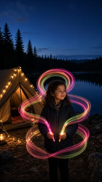 Fresh and Crisp image example: Blue Hour Light Painting Camp Portrait