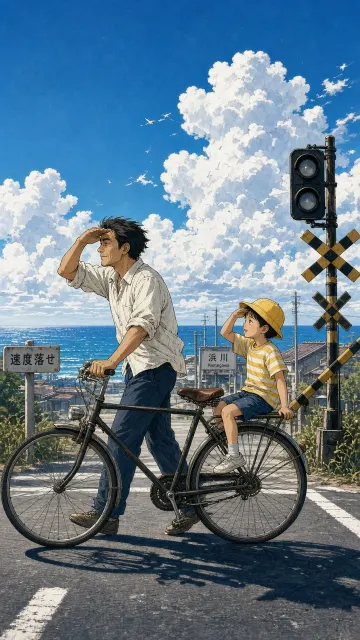 Fresh and Crisp image example: Anime Style Father and Son at Railroad Crossing