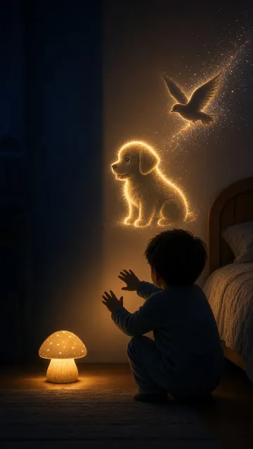 Cozy Lighting image example: Hyperrealistic Children's Room Mushroom Lamp Shadow Puppets