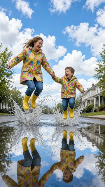 High-Key image example: Mother and Son Puddle Jumping High-Key Street Photography