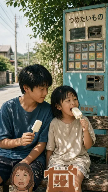 Siblings Eating Popsicles by Retro Japanese Vending Machine