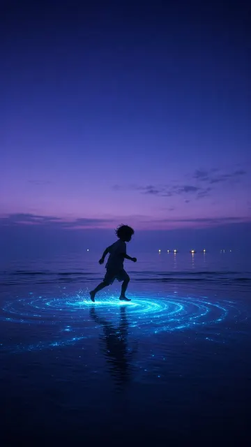 Blue Hour Child Running Along Bioluminescent Beach
