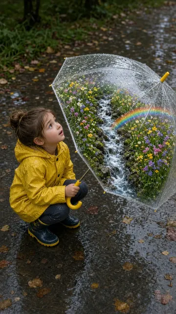 Childhood Wonder image example: Surrealistic Valley of Wildflowers Inside Clear Rain Umbrella