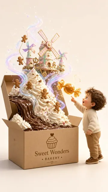 Volumetric Lighting image example: Whimsical Cake Box Holographic Candy Factory 3D Scene