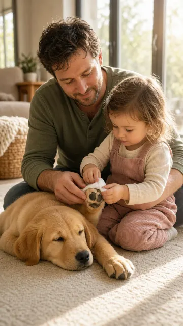 Warm Interior image example: Father Daughter Cleaning Labrador Puppy Paws in Living Room