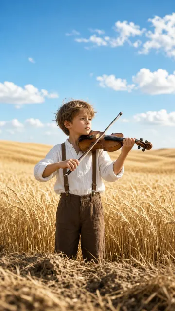 Boy Playing Violin in Sunlit Golden Wheat Field