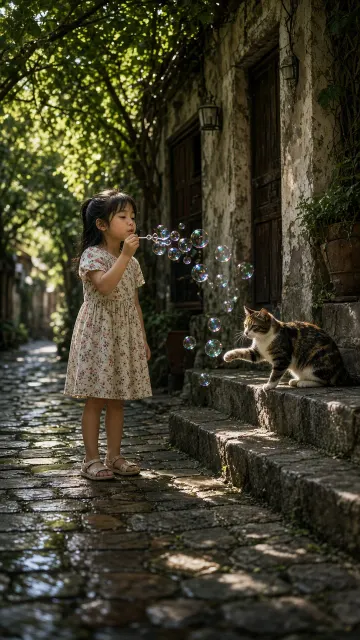 Blowing Bubbles with Calico Cat in Historic Alleyway