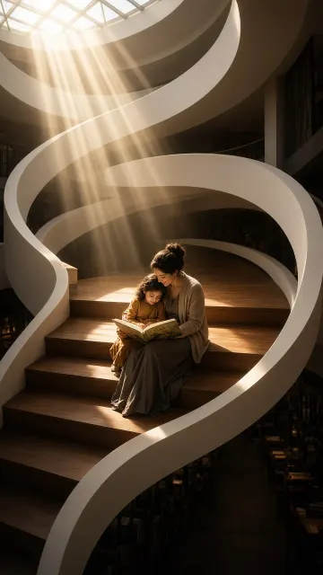 Mother and Daughter Reading on Modern Library Spiral Staircase
