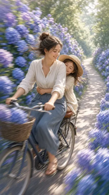Early Summer Mother and Daughter Cycling Along Hydrangea Path