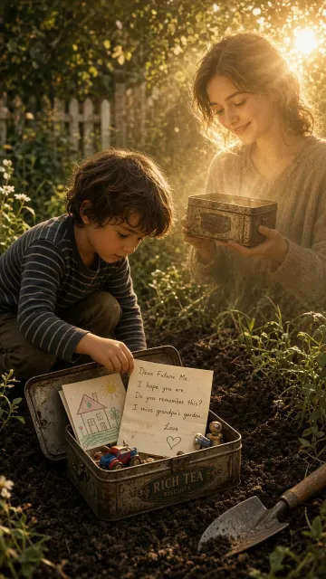 Cinematic Photography image example: Backyard Time Capsule Dual-Era Memory Concept