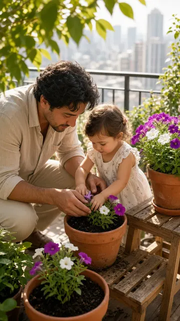 Natural Sunlight image example: Sunny Balcony Gardening Father and Daughter Potting Petunias