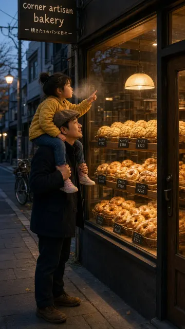 Evening Bakery Window Street Candid with Father and Daughter