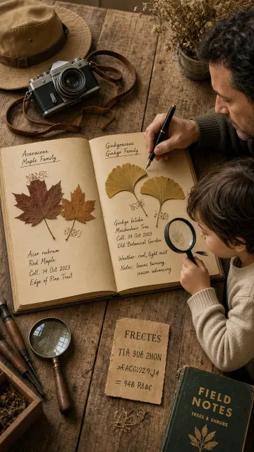 Parent and Child image example: Botanical Specimen Journal Father and Child Flat Lay