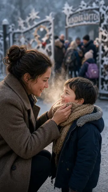 Winter Morning Mother and Son Scarf Moment