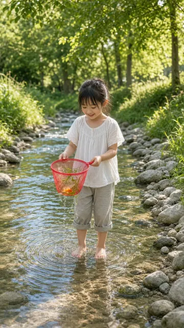 Summer Stream Goldfish Catching in Japanese Transparency Aesthetic