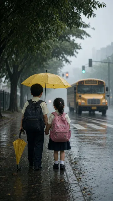 Morning Light image example: Siblings Waiting for School Bus at Misty Morning Crossroad