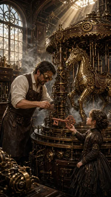 Steampunk Brass Clockwork Carousel Illustration