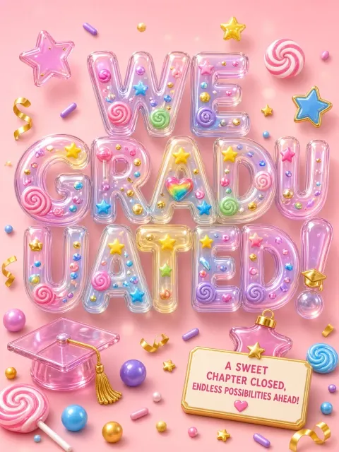 Glass and Crystal image example: Playful 3D Cartoon Graduation Typography Poster