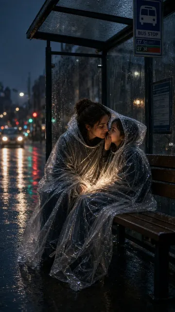Rainy Night Bus Stop Mother and Daughter Street Photography