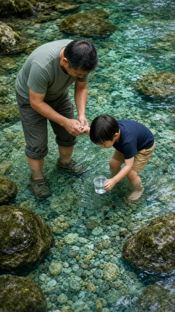 Documentary image example: Outdoor River Wading Parent-Child Adventure Photography