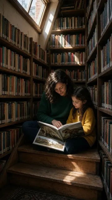 Documentary Photography image example: Mother and Daughter Reading on Bookstore Staircase