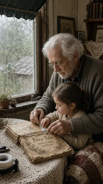 Grandfather and Granddaughter Mending Old Book by Window