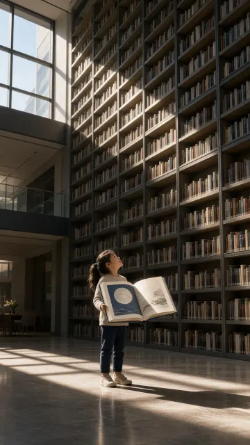 Minimalist Interior image example: Child with Giant Picture Book in Modern Library