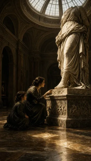 Mother and Child Before Classical Museum Sculpture