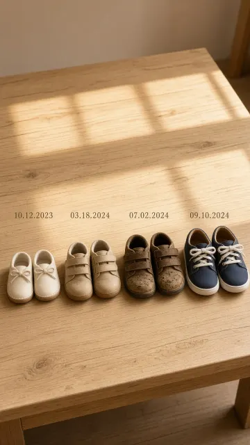 Warm Light image example: Chronological Sequence of Children's Shoes on an Oak Bench