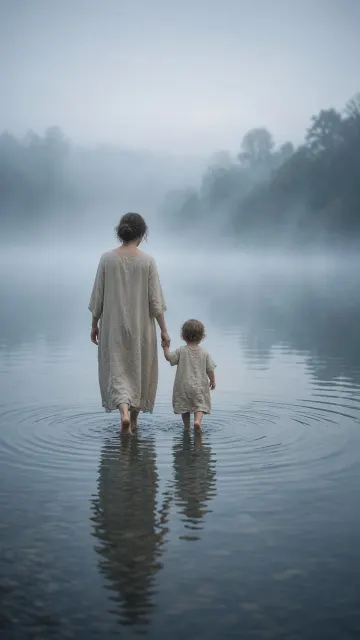 Impressionistic Film Still of Mother and Child Wading in Mist