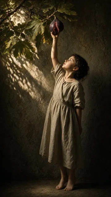 Classical Portrait of a Girl Picking Figs in Chiaroscuro Light