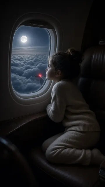Travel image example: Child Gazing at the Full Moon from a First-Class Cabin Window