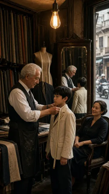Vintage Interior image example: Boy Getting Measured at an Old Town Tailor Shop