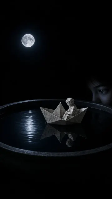 Paper Art image example: Minimalist Water Basin with Origami Moon Voyager