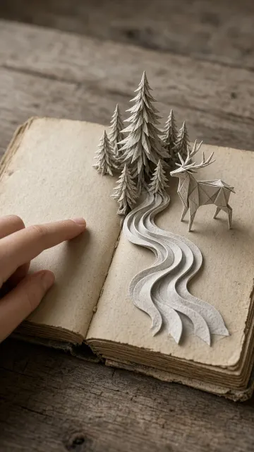 Paper Craft image example: Folded Paper Coniferous Forest on Vintage Book