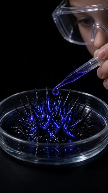 Scientific Visualization image example: Ferrofluid Spikes with Fluorescent Injections