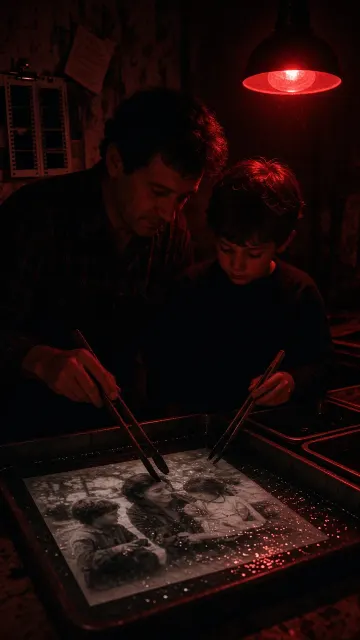 Analog Film image example: Father and Son in Red Safelight Darkroom