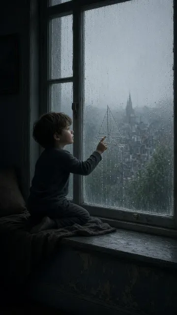 Glass image example: Child Drawing Sailboat on Steamy Window