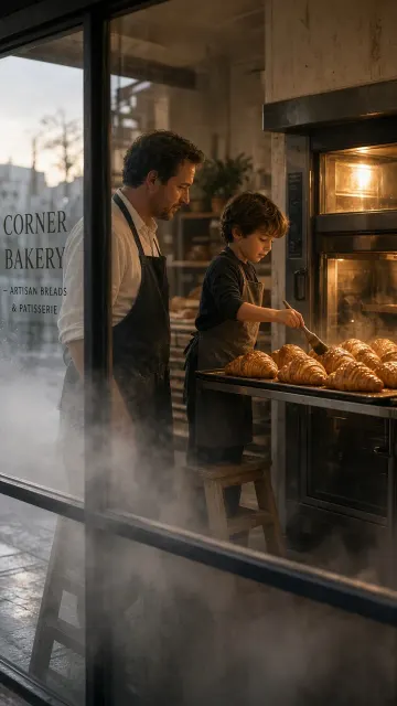 Candid Lifestyle image example: Father and Son Baking in a Corner Bakery