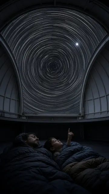 Father and Son Under Observatory Star Trails