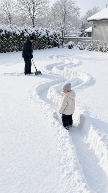 Father's Backyard Snow Maze for Child After First Snow