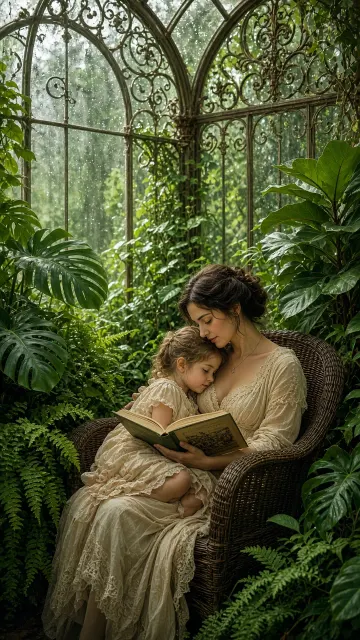 Mother and Daughter Reading in a Victorian Glass Greenhouse