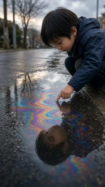 Candid Reflection of Rainbow Oil Slick in a Rain Puddle
