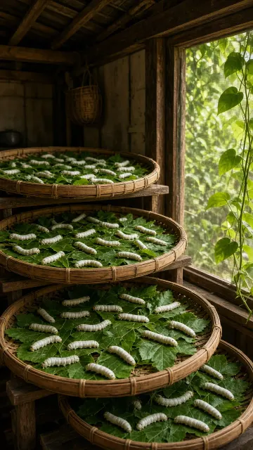 Sericulture image example: Silkworms on Bamboo Trays Oriental Sericulture Still Life