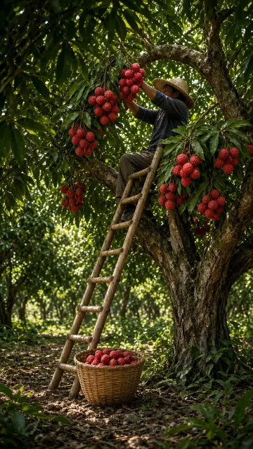 Tropical Lychee Orchard Harvest with Bamboo Ladder